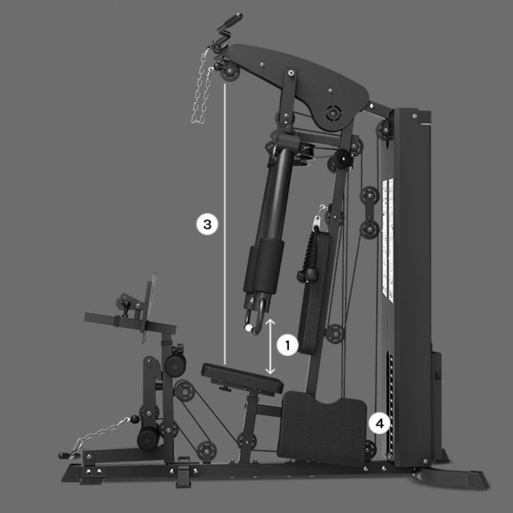Compact multi-gym exercise machine with adjustable pulleys and weight bench